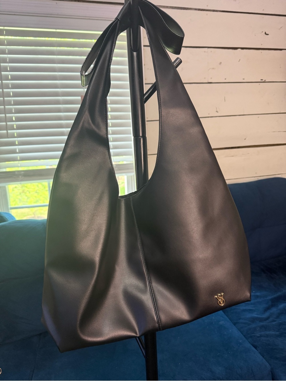 Black faux Leather Shoulder Tote with Gold VS Logo